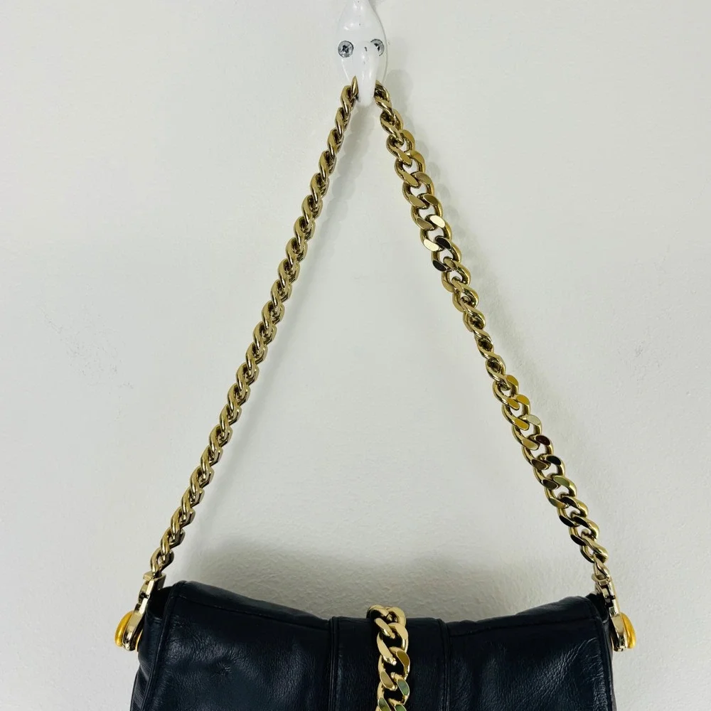 Wilsons Leather Black Leather Bag Shoulder or Clutch Gold Chain Rhinestone Crown